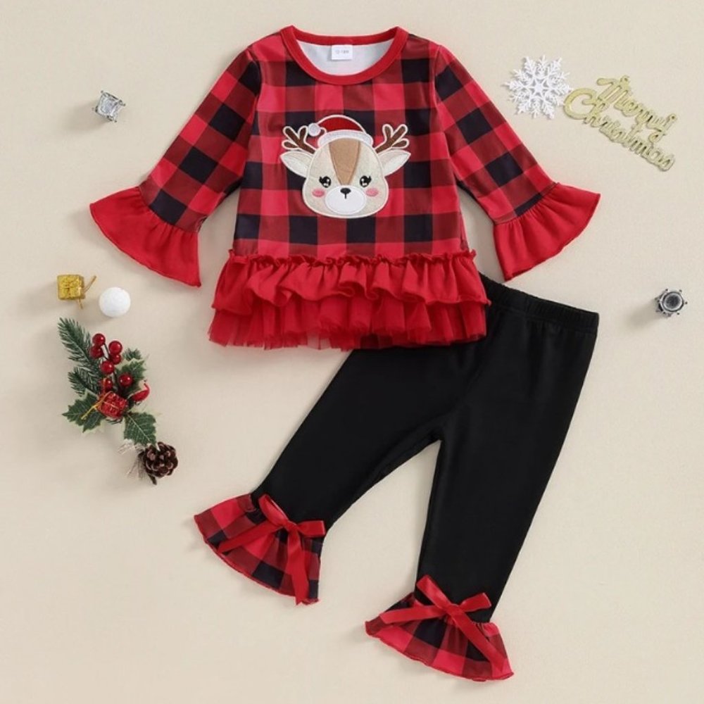 Reindeer Girls Plaid Ruffle Tunic Leggings Christmas Outfit Set